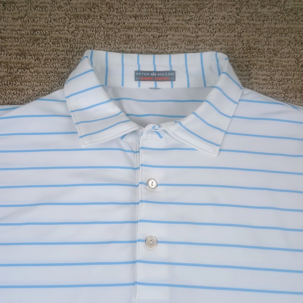 Peter Millar Polo Shirt Mens Large Striped White Blue Summer Comfort Masters